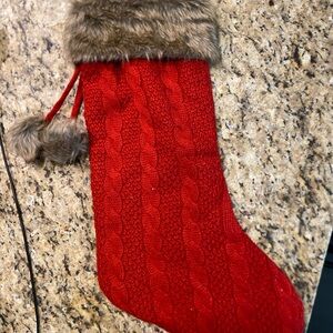 Christmas Joann Fabric Holiday Stocking in Red Cable Knit Pattern & Faux Fur